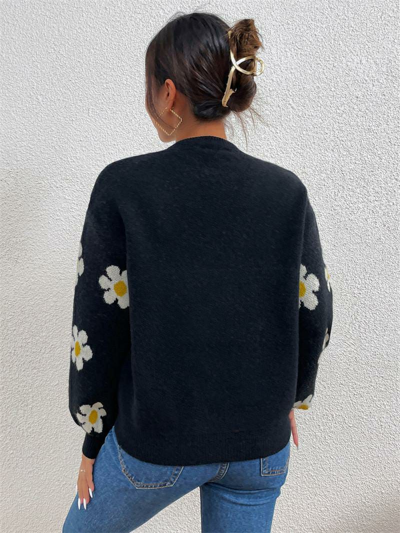 1 Pc Women's Loose Round Neck Flower Jacquard Knitted Sweater (Black)