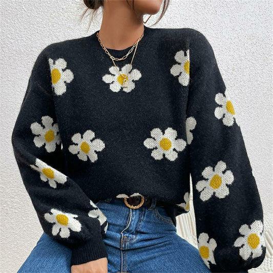 1 Pc Women's Loose Round Neck Flower Jacquard Knitted Sweater (Black)