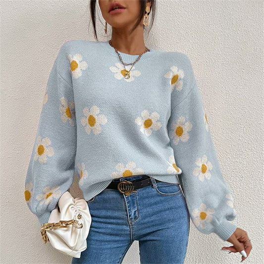 1 Pc Women's Loose Round Neck Flower Jacquard Knitted Sweater (Blue)