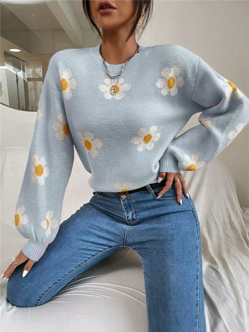 1 Pc Women's Loose Round Neck Flower Jacquard Knitted Sweater (Blue)