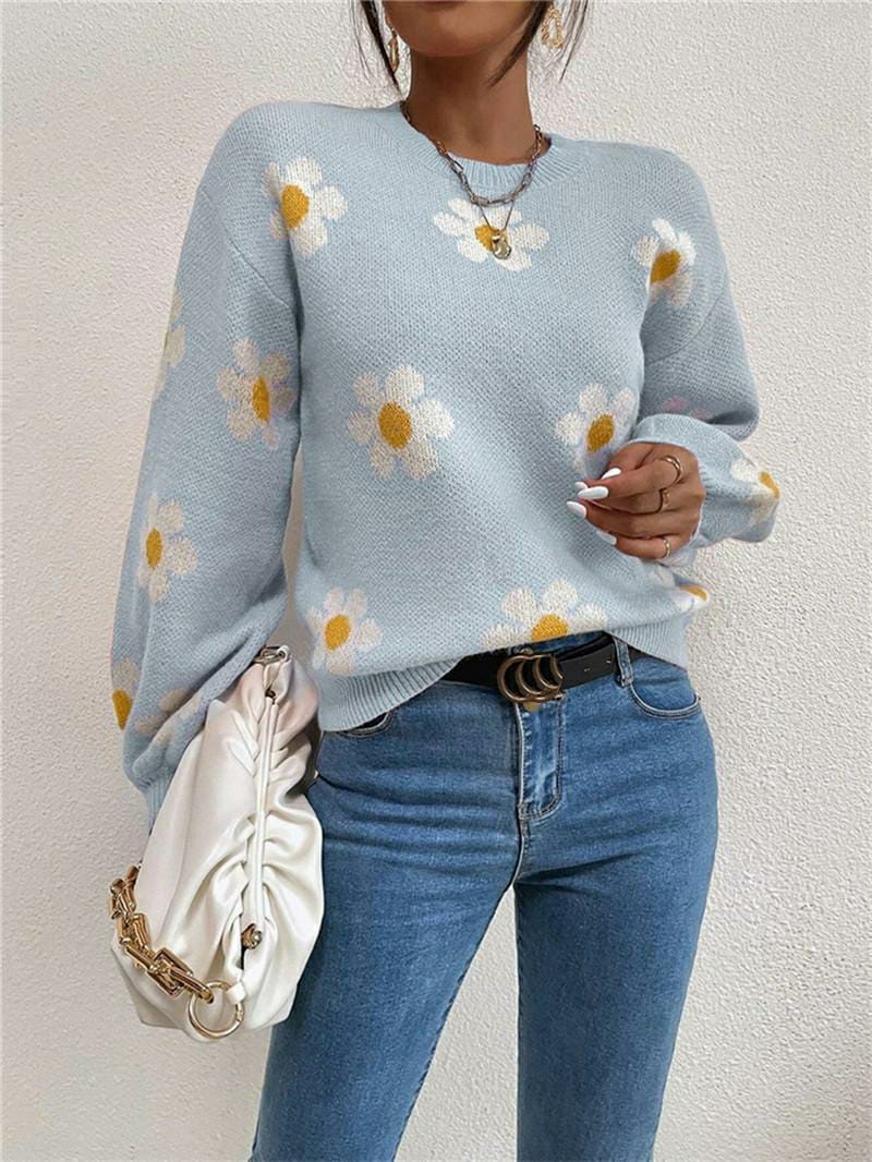 1 Pc Women's Loose Round Neck Flower Jacquard Knitted Sweater (Blue)