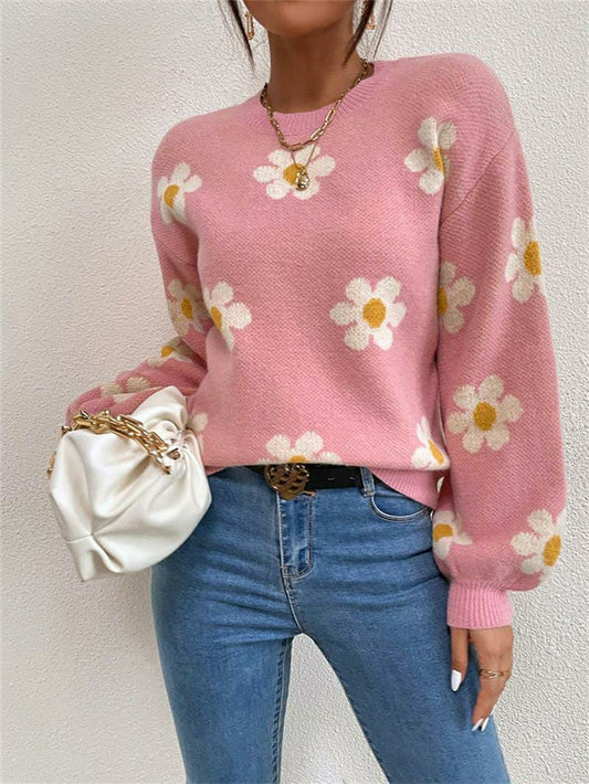 1 Pc Women's Loose Round Neck Flower Jacquard Knitted Sweater (Pink)