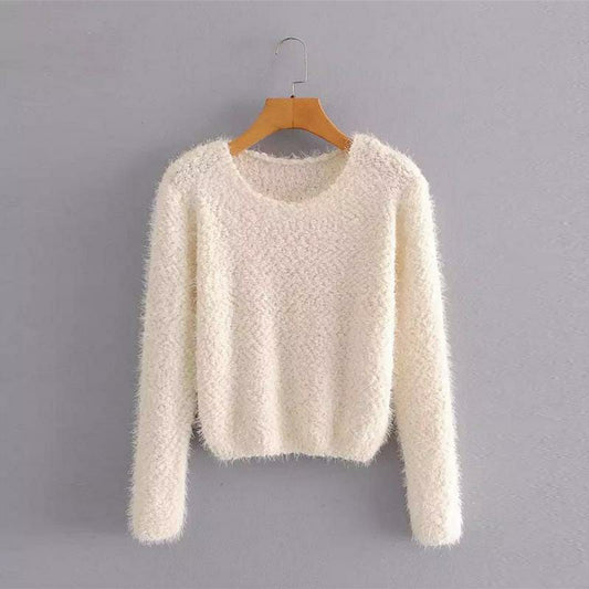 1 Pc Women's Plain Blended Round Neck Knitted Sweater (Off-White)