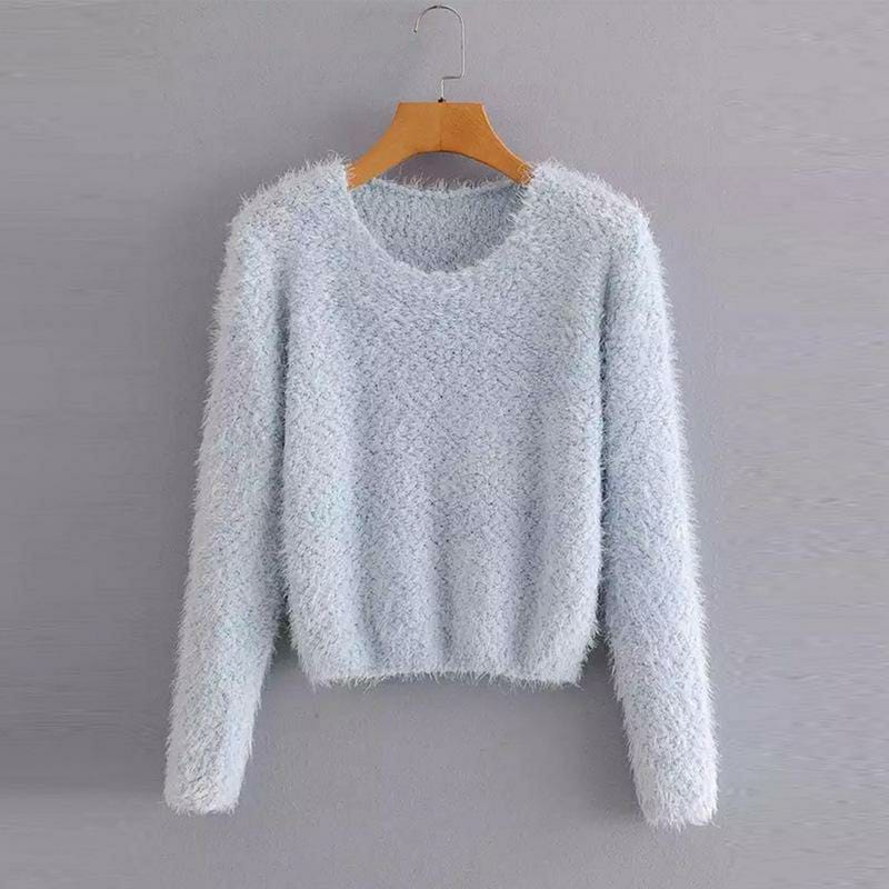 1 Pc Women's Plain Blended Round Neck Knitted Sweater (Blue)