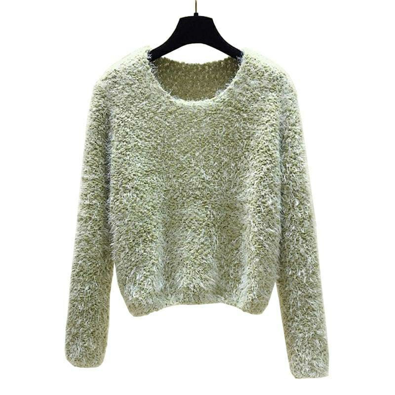 1 Pc Women's Plain Blended Round Neck Knitted Sweater (Green)