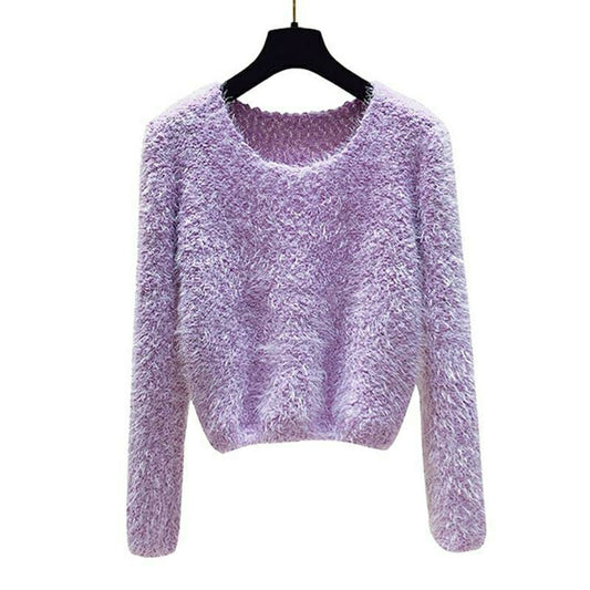 1 Pc Women's Plain Blended Round Neck Knitted Sweater (Purple)