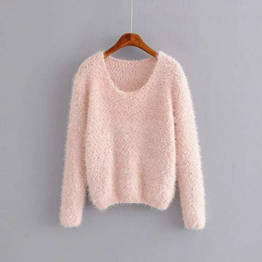 1 Pc Women's Plain Blended Round Neck Knitted Sweater (Pink)