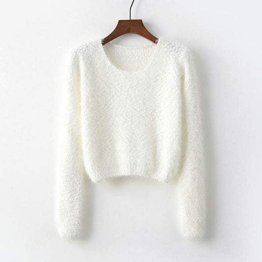 1 Pc Women's Plain Blended Round Neck Knitted Sweater (White)