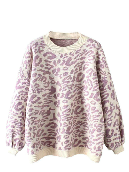 1 Pc Women's Leopard Print Lantern Sleeve Knitted Sweater Pullover Sweater (Pink And White)