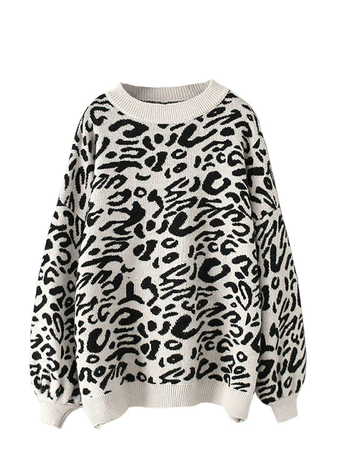 1 Pc Women's Leopard Print Lantern Sleeve Knitted Sweater Pullover Sweater (Black And White)