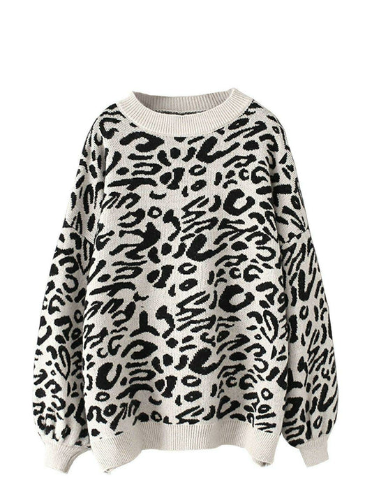 1 Pc Women's Leopard Print Lantern Sleeve Knitted Sweater Pullover Sweater (Black And White)