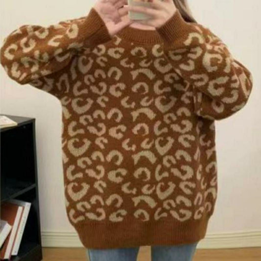 1 Pc Women's Leopard Jacquard Knitted Sweater (Brown)