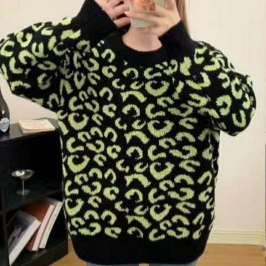 1 Pc Women's Leopard Jacquard Knitted Sweater (Parrot Green)