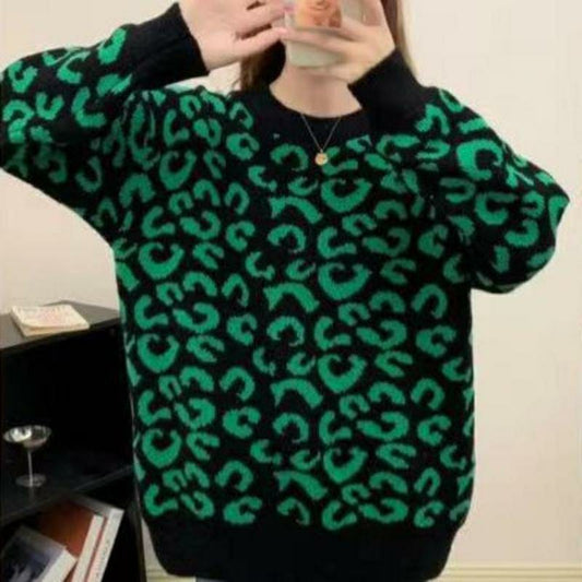 1 Pc Women's Leopard Jacquard Knitted Sweater (Black, Green)