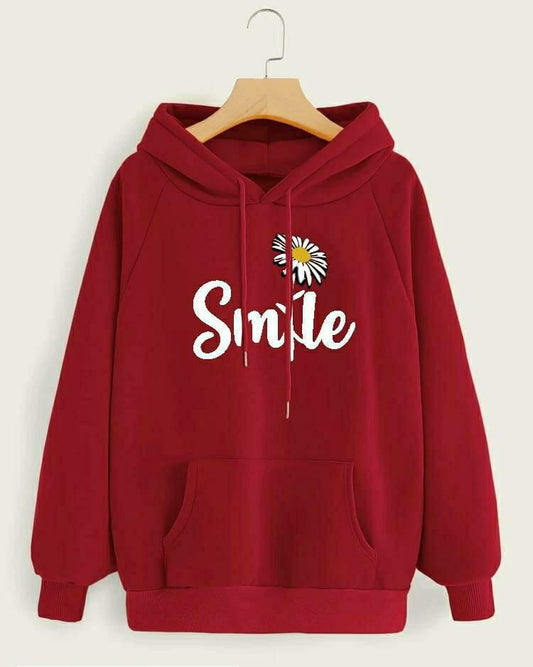 1 Pc Women's Stitched Cotton Printed Hoodie (Dark Red)