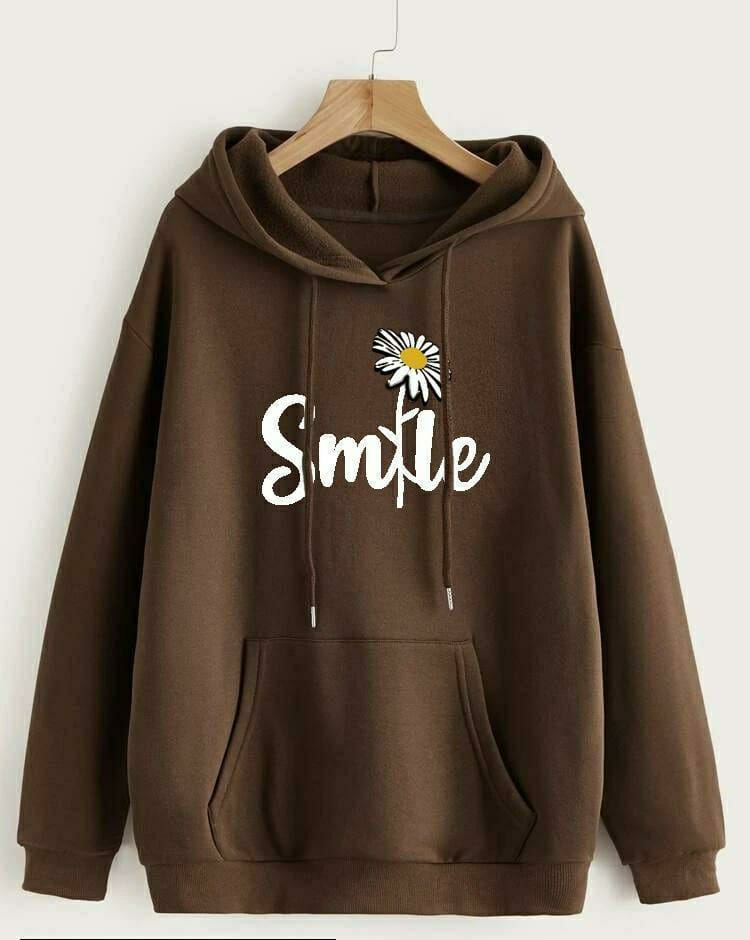 1 Pc Women's Stitched Cotton Printed Hoodie (Brown Color)