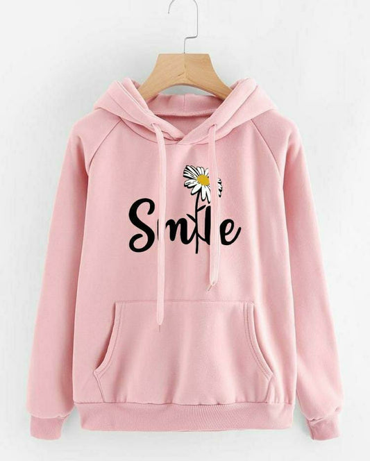 1 Pc Women's Stitched Cotton Printed Hoodie (Baby Pink)