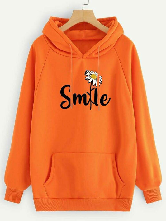 1 Pc Women's Stitched Cotton Printed Hoodie (Orange)