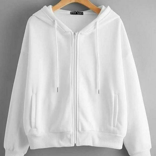 Stylish White Plain Fleece Zip-Up Hoodie for Women - Comfortable and Cozy (White)