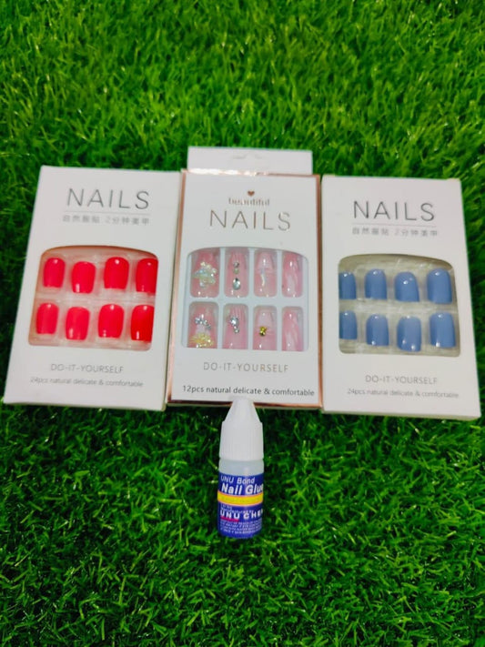 Versatile 4 in 1 Makeup Deal - Red & Blue Synthetic Nails with Glue