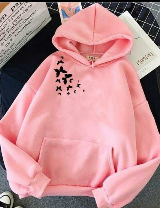 1 Pc Women's Stitched Cotton Printed Hoodie (Pink)