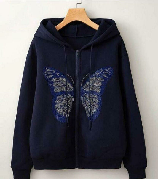 1 Pc Women's Stitched Cotton Printed Hoodie (Dark Blue)