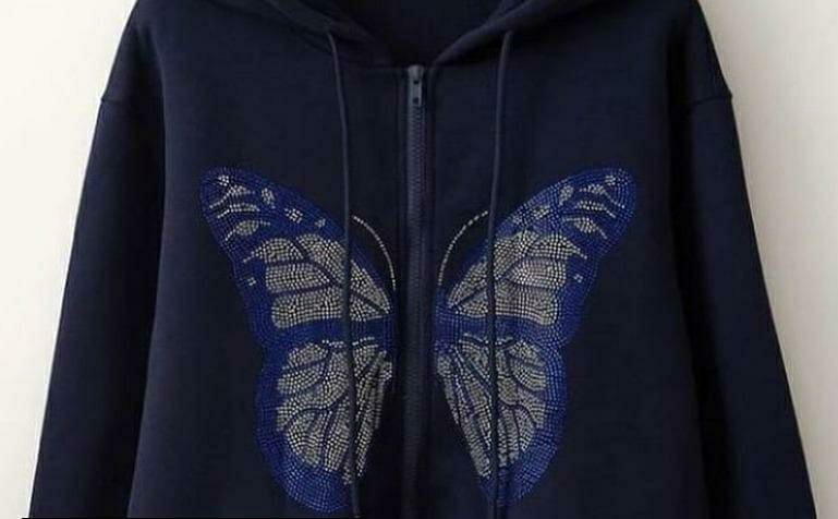 1 Pc Women's Stitched Cotton Printed Hoodie (Dark Blue)