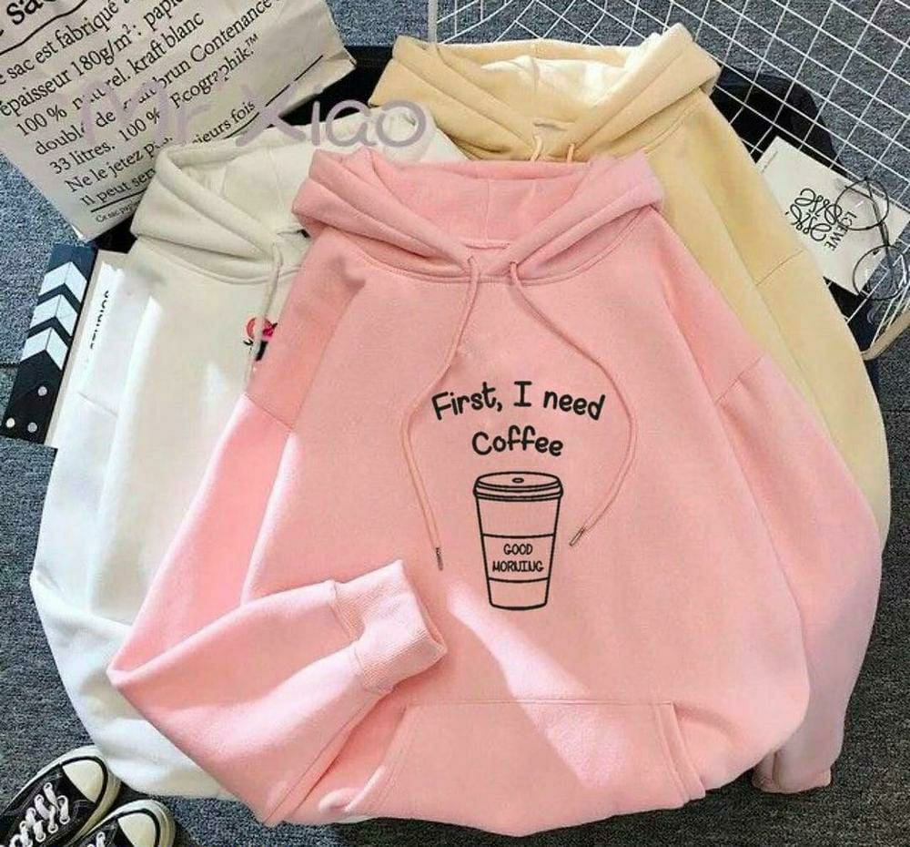 1 Pc Women's Stitched Cotton Printed Hoodie (Pink Coffee Design)