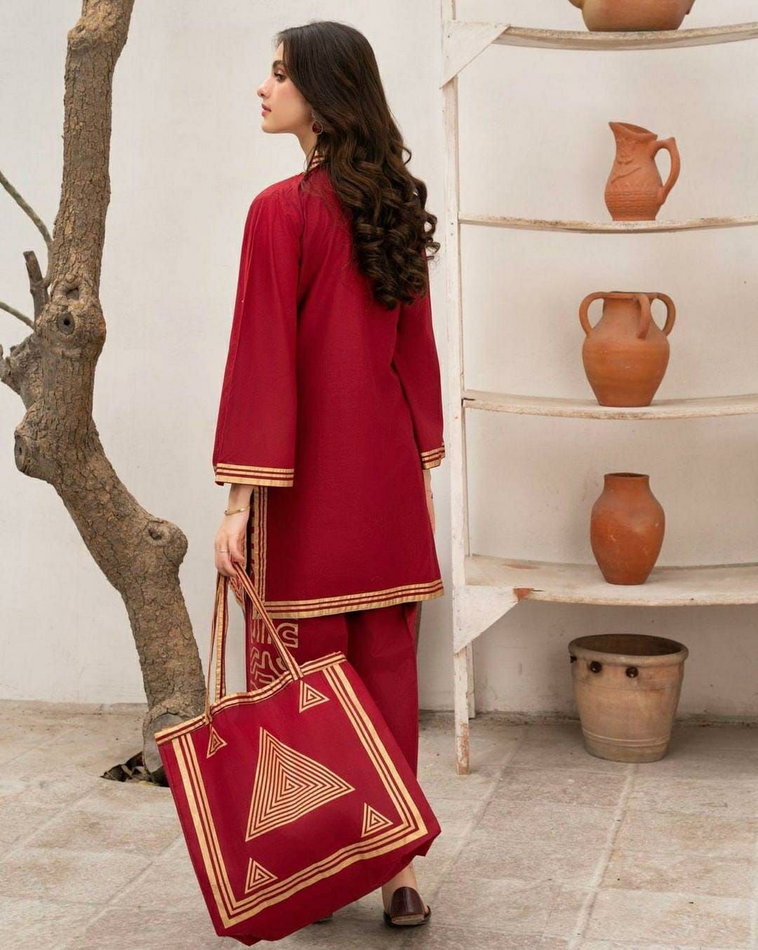 3 Pcs Women's Stitched Linen Printed Suit With Handbag (Red)