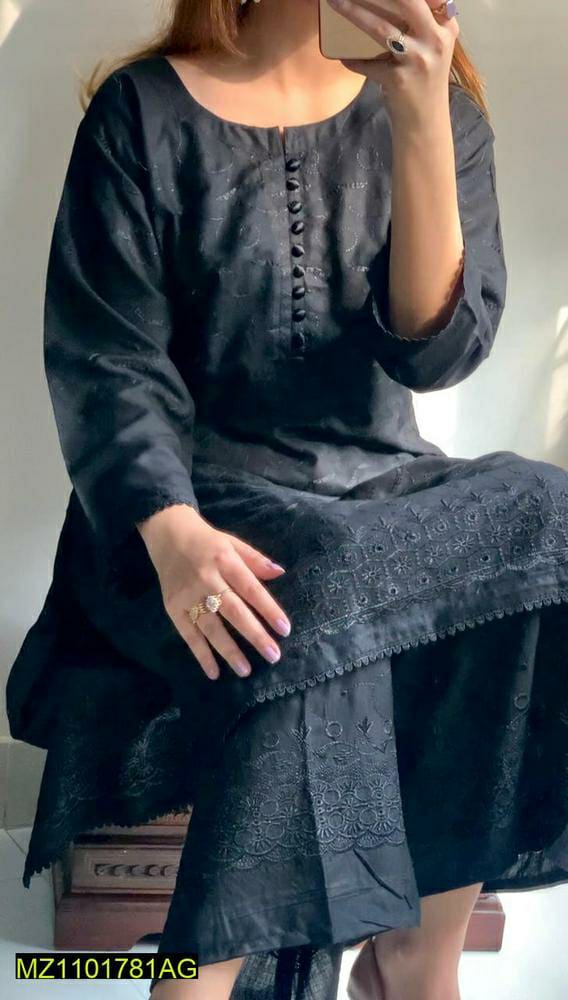 2 Pcs Women's Stitched Chikankari Linen Embroidered Suit (Black Design)
