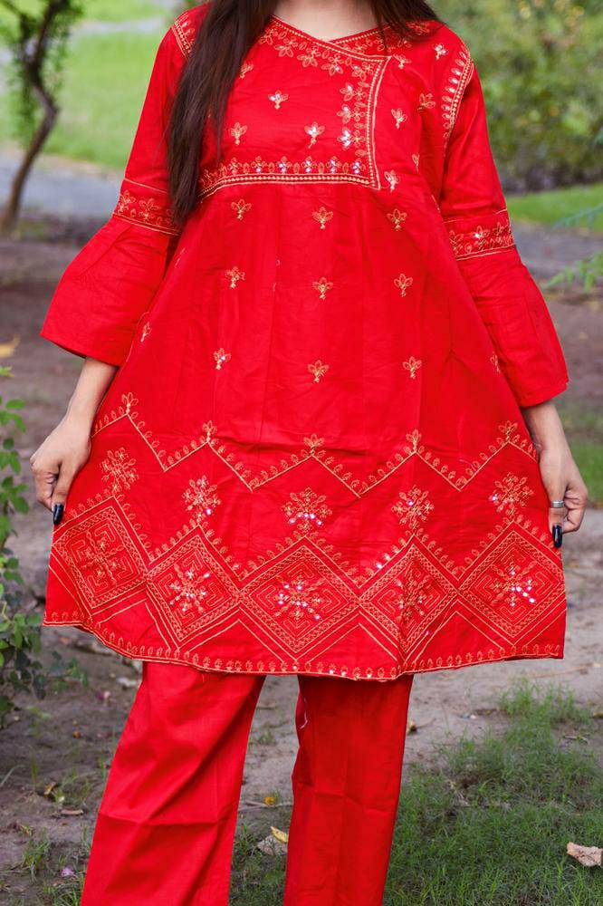 2 Pcs Women's Stitched Cotton Embroidered Frock & Trouser