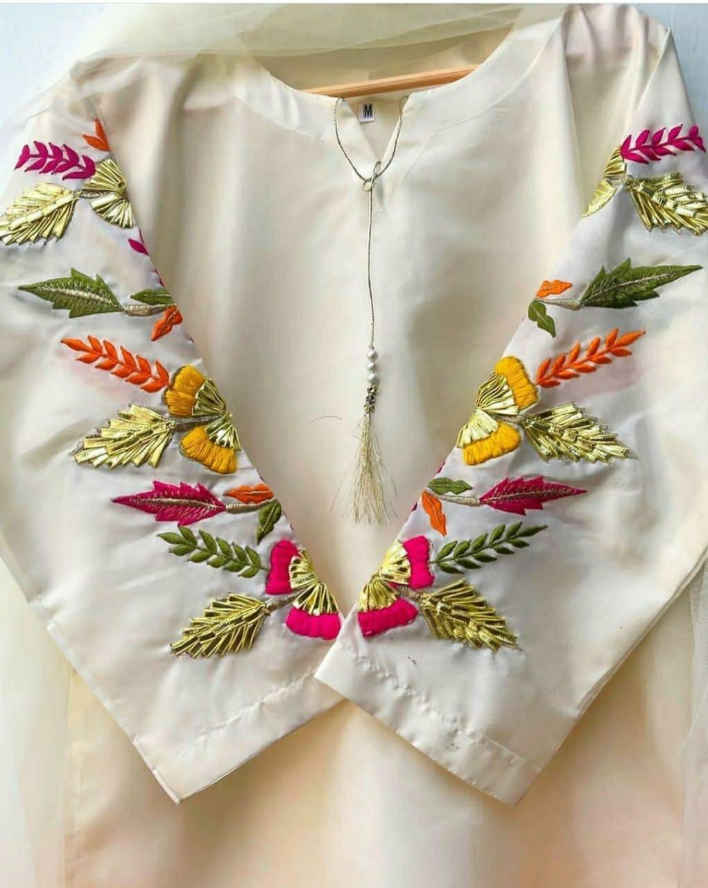 3 Pcs Women's Stitched Katan Silk Embroidered Suit (White)