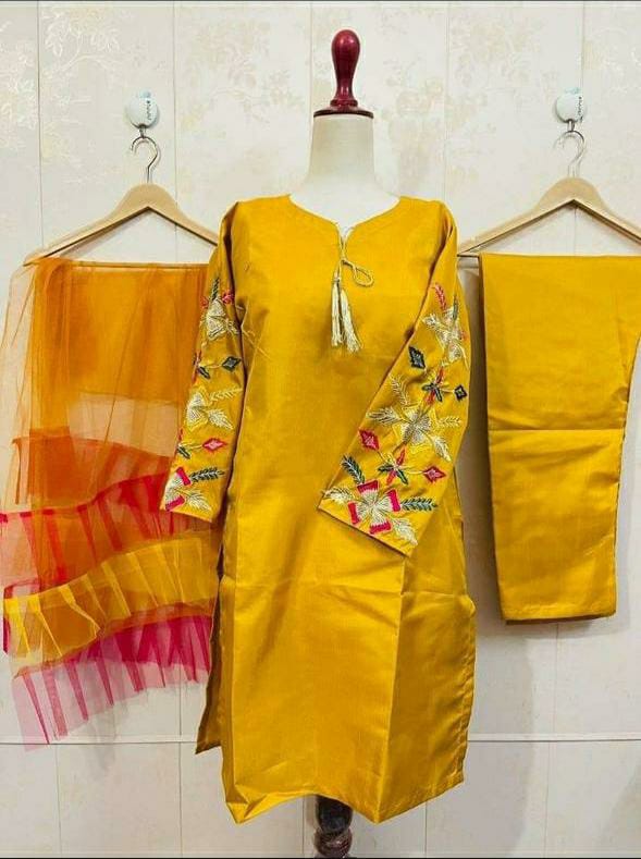 3 Pcs Women's Stitched Katan Silk Embroidered Suit (Yellow)