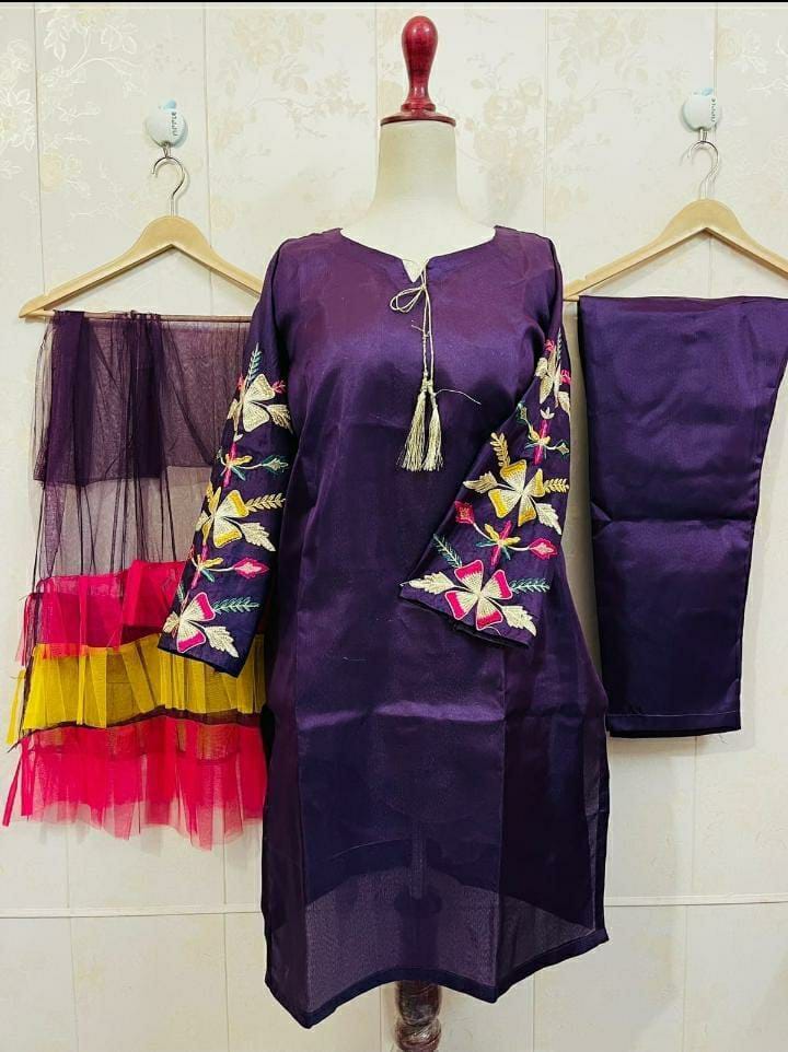 3 Pcs Women's Stitched Katan Silk Embroidered Suit (Purple)