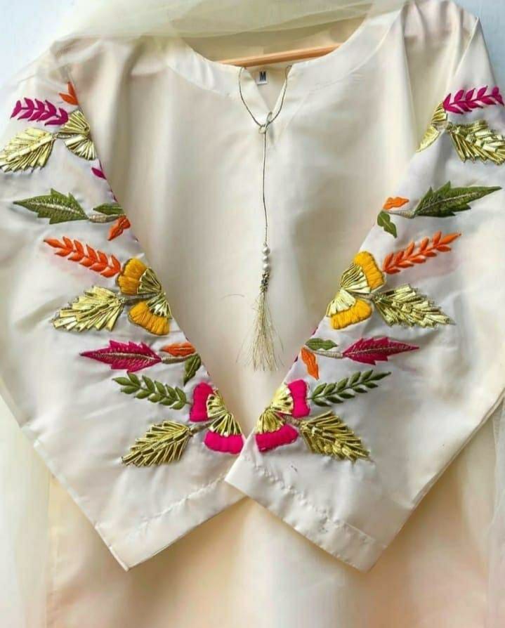 3 Pcs Women's Stitched Katan Silk Embroidered Suit (White)