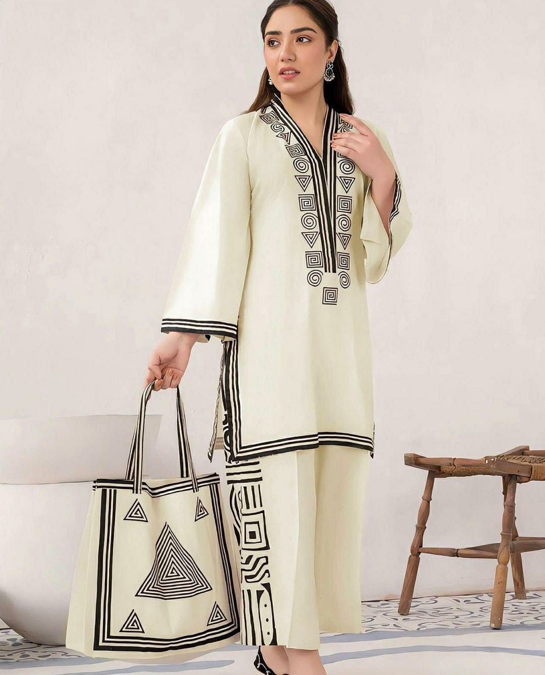 3 Pcs Women's Stitched Linen Printed Suit With Handbag (White)