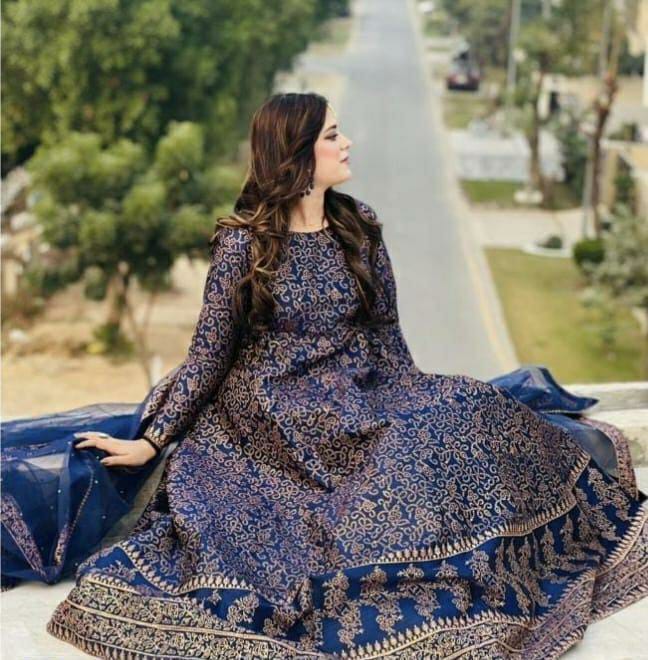 3 Pcs Women's Stitched Katan Silk steam Print Suit (Blue)