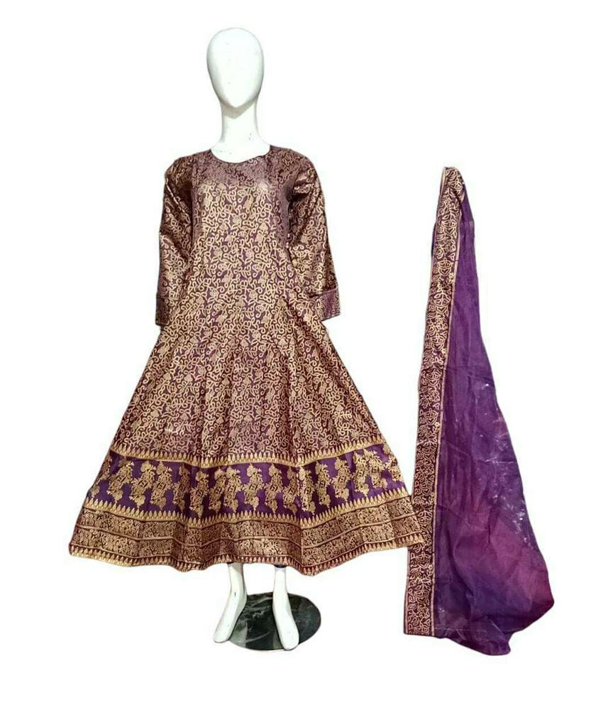 3 Pcs Women's Stitched Katan Silk Printed Maxi (Purple)