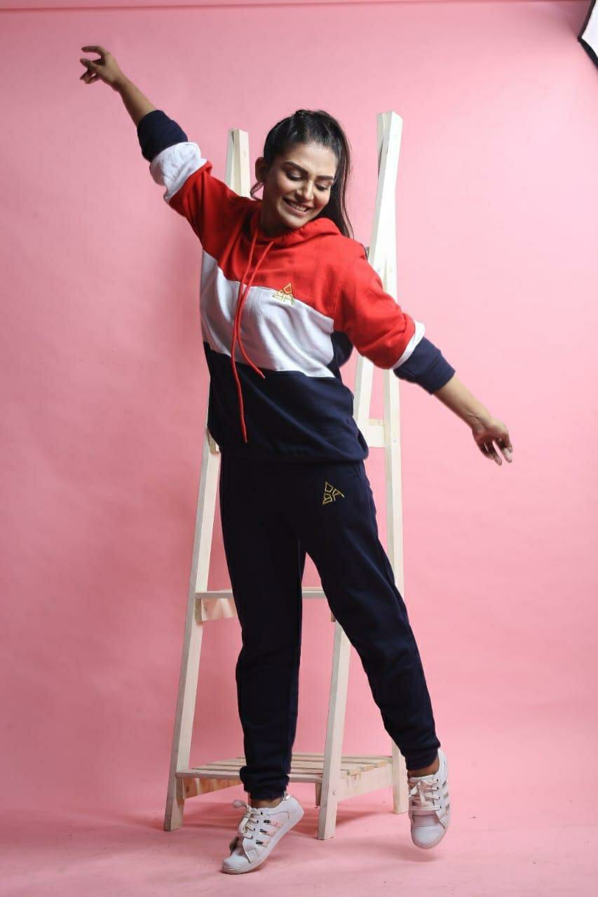 2 Pcs Women's Stitched Fleece Printed Hoodie Tracksuit