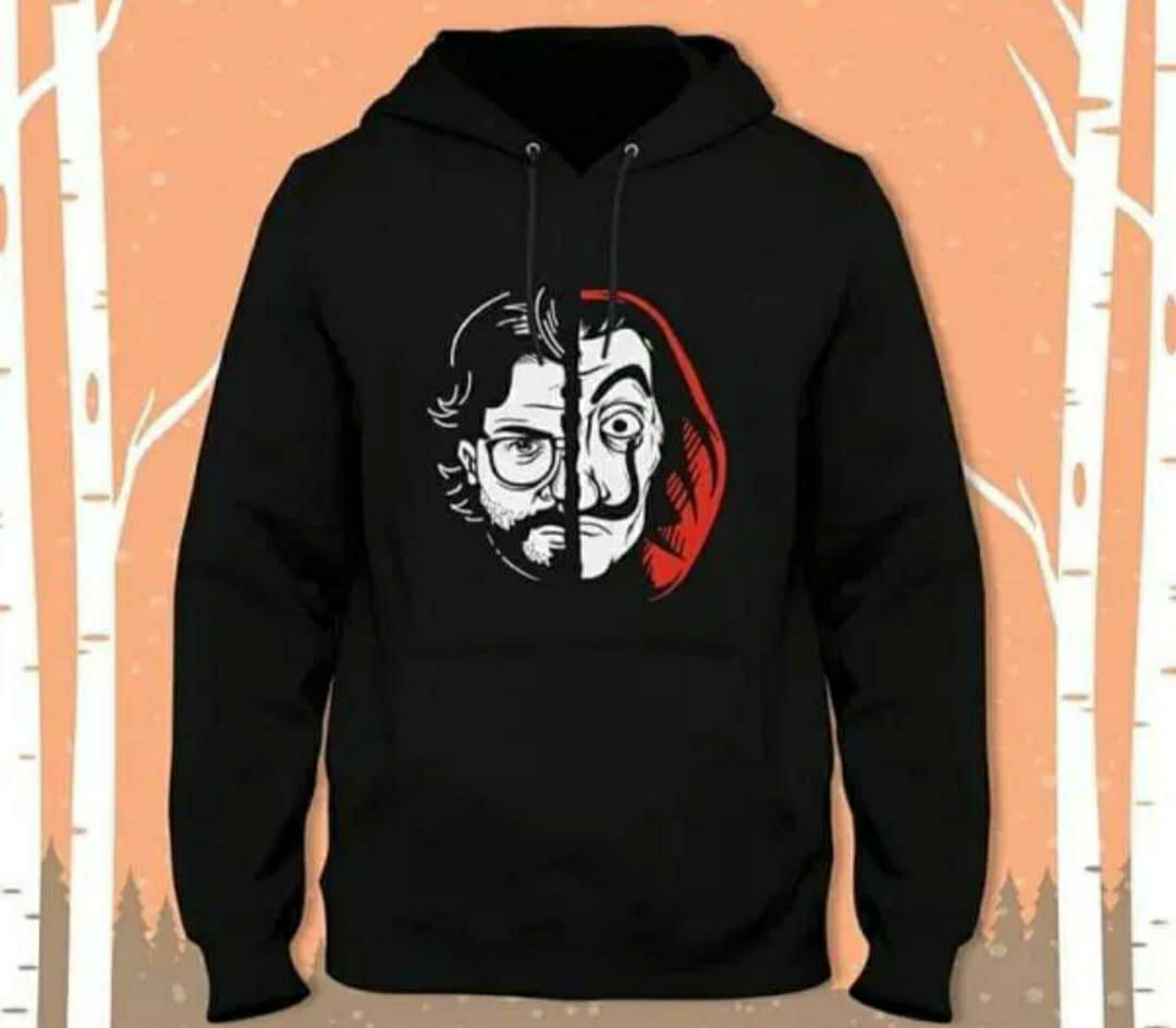 1 Pc Men's Cotton Fleece Money Heist Printed Hoodie (Face Design)