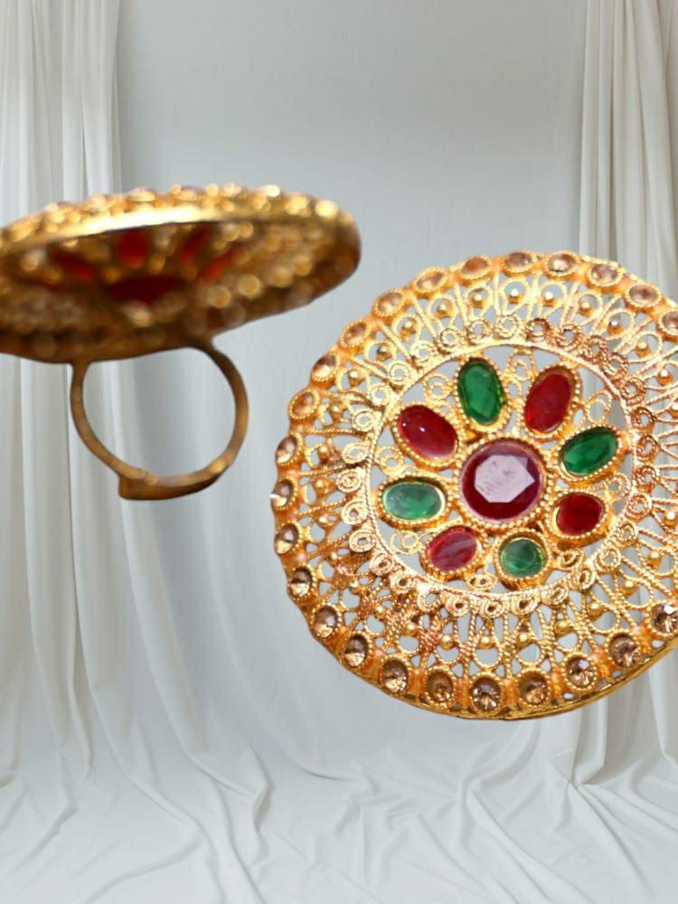 Rajasthani Design Gold Plated Artificial Stones Adjustable Ring (Multicolor)