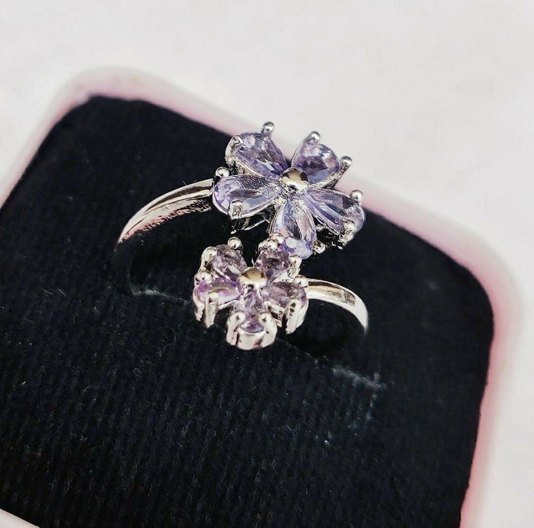 Flower Design Silver Plated Crystal Charm Ring