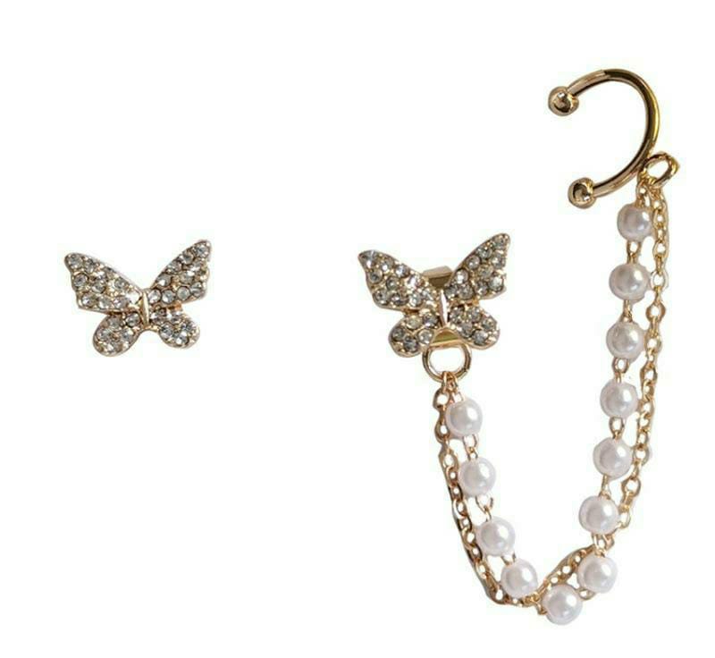 Single Ear Butterfly Metal Chain Tassel Stud Earring