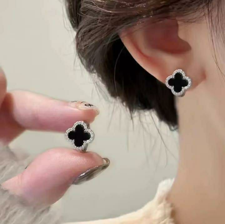 Charming Clover Design Zircon Studs for Women - Black & White Colors