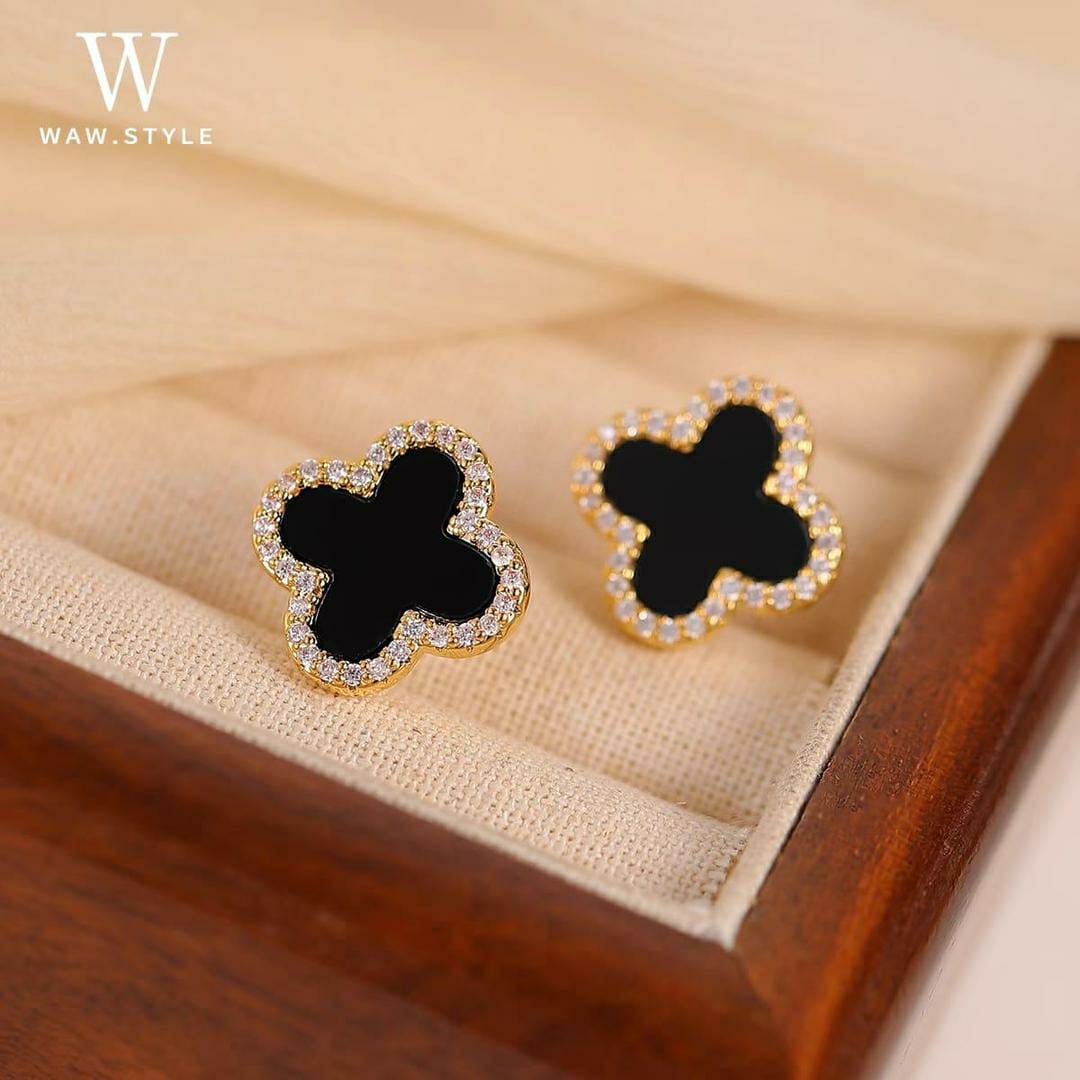 Charming Clover Design Zircon Studs for Women - Black & White Colors