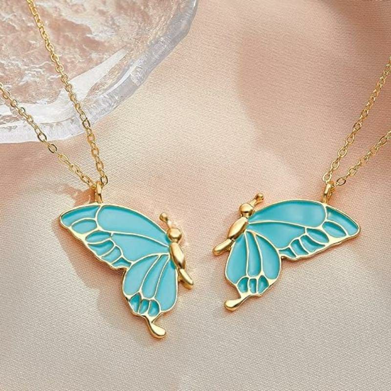 2 Pcs Enamel Butterfly Pendant Necklace