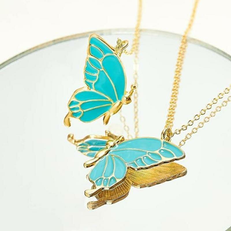 2 Pcs Enamel Butterfly Pendant Necklace