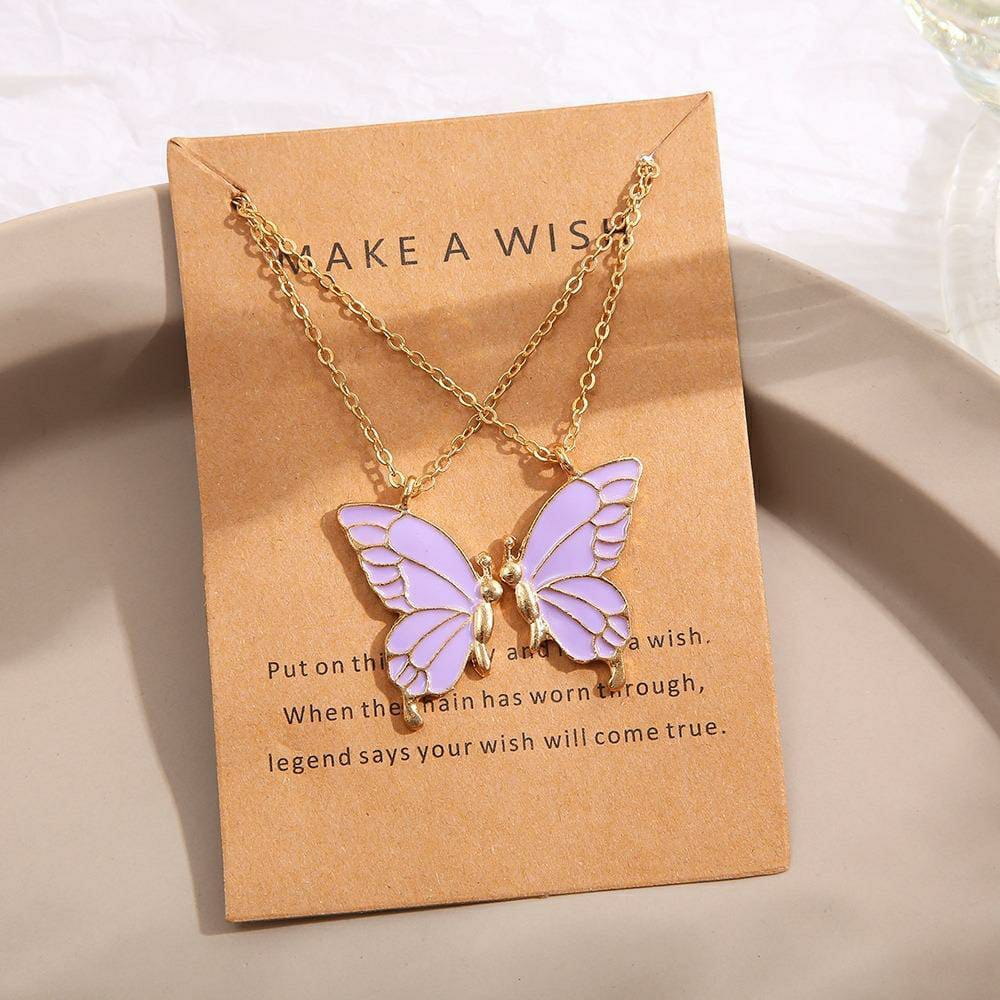 2 Pcs Enamel Butterfly Pendant Necklace