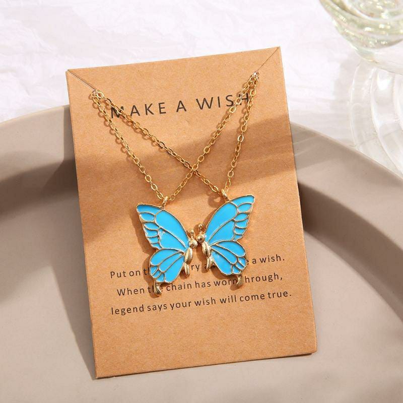 2 Pcs Enamel Butterfly Pendant Necklace