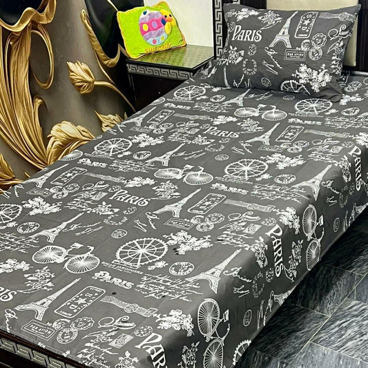 Elegant Black Printed Cotton Single Bedsheet Set - 2 Pieces